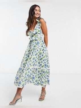 slim fit dress slacks Rent Asos Edition Velvet Wrap Midi Dress In Large Bloom Floral Embroidery  In Green main image 1
